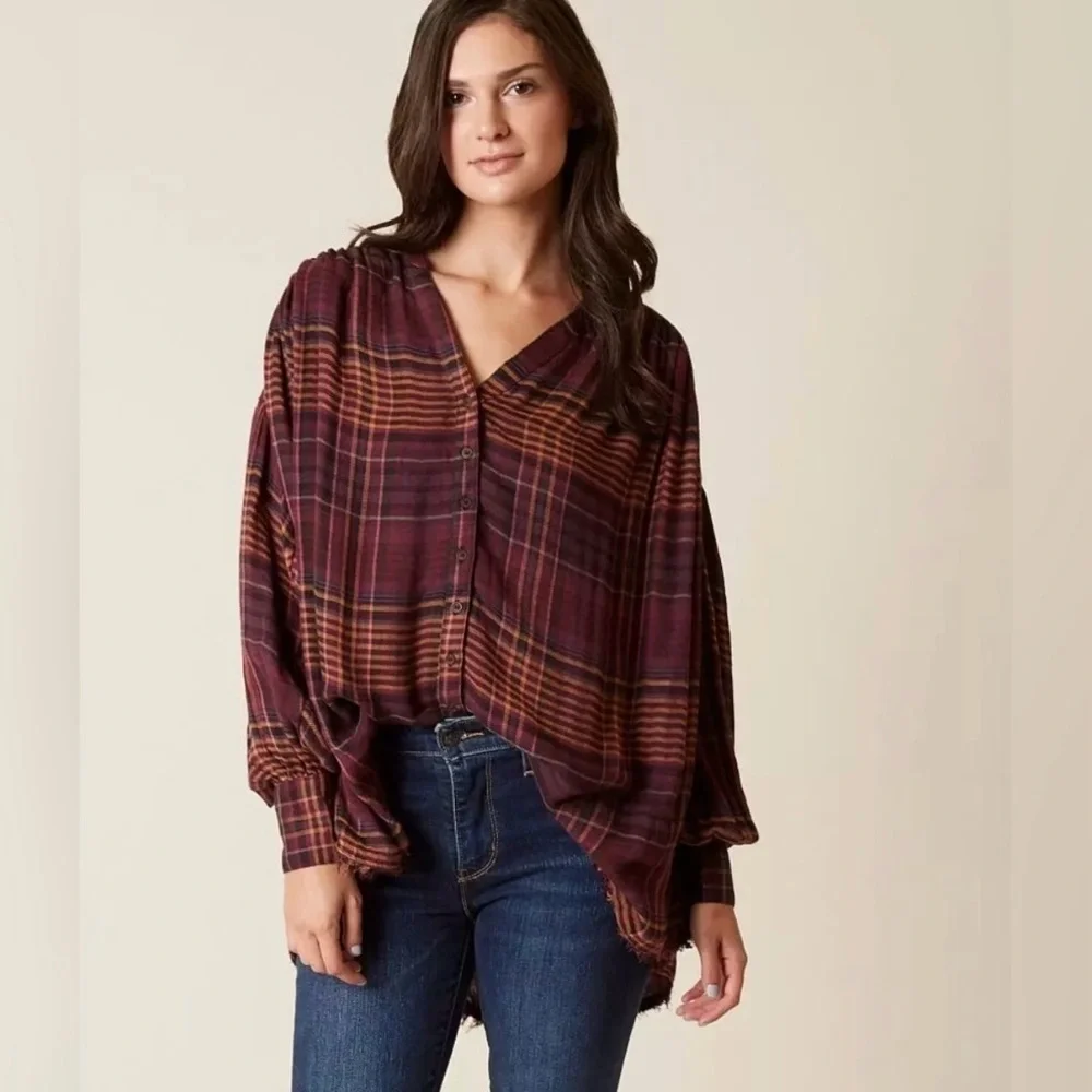 Free People Come On Over Plaid Button Down Top in Size XS